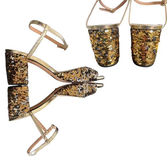 J.CREW COLLECTION GOLD LEATHER SEQUIN ANKLE STRAP HEELS SANDALS 10 NEW $298 - Picture 4 of 5